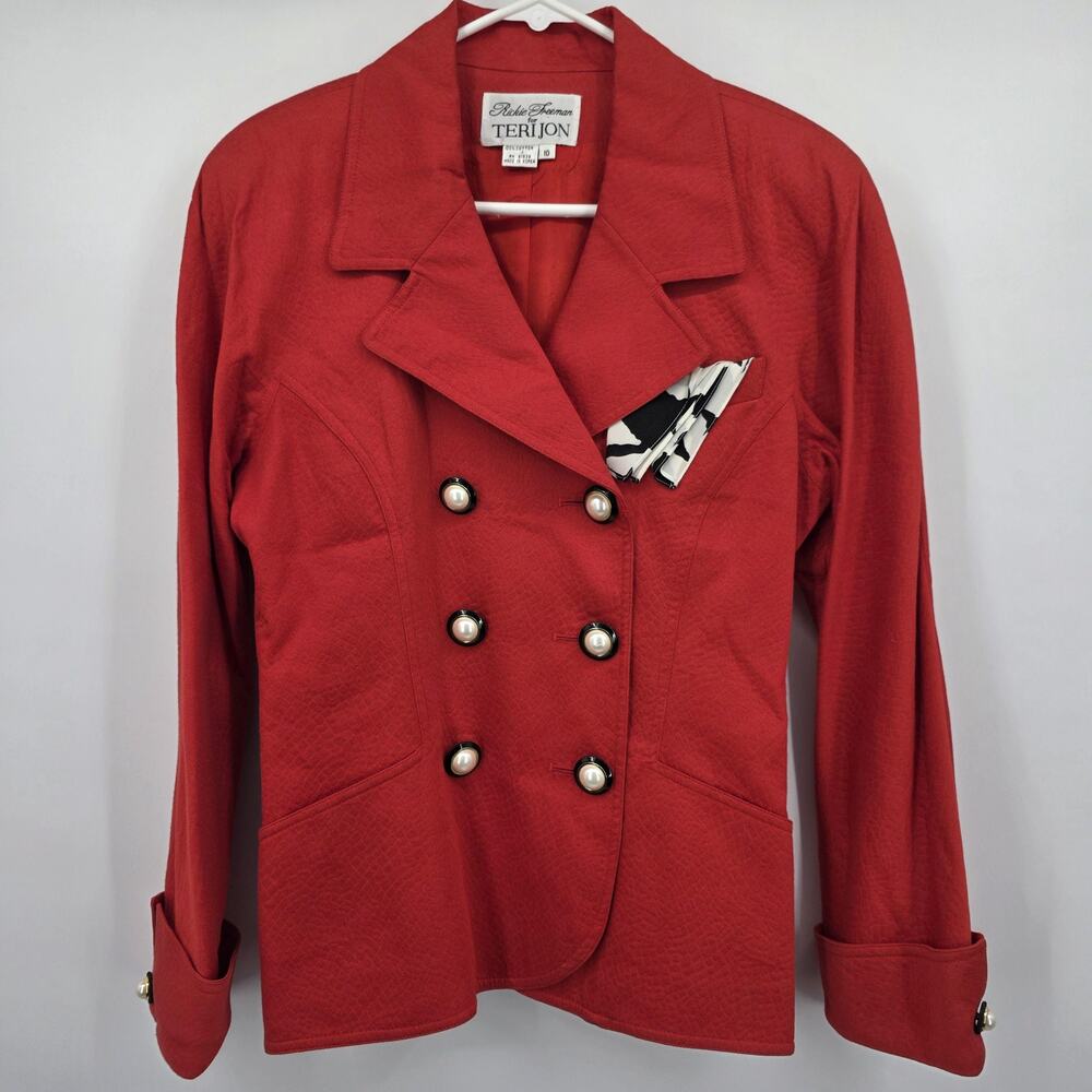 Rickie Freeman Teri Jon Vintage Red Blazer 10 Pearl Buttons Double Breasted